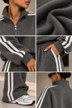 Velmora Street Set close-up details showing knit texture, contrast stripes and finishes