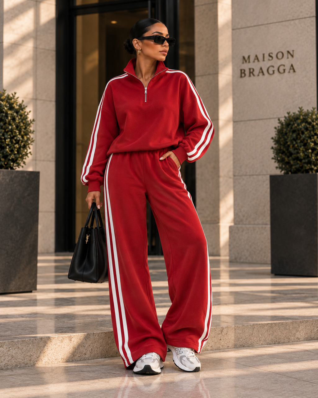 Maison Bragga Velmora Street Set in Red with white contrast stripes, full-body luxury streetwear look