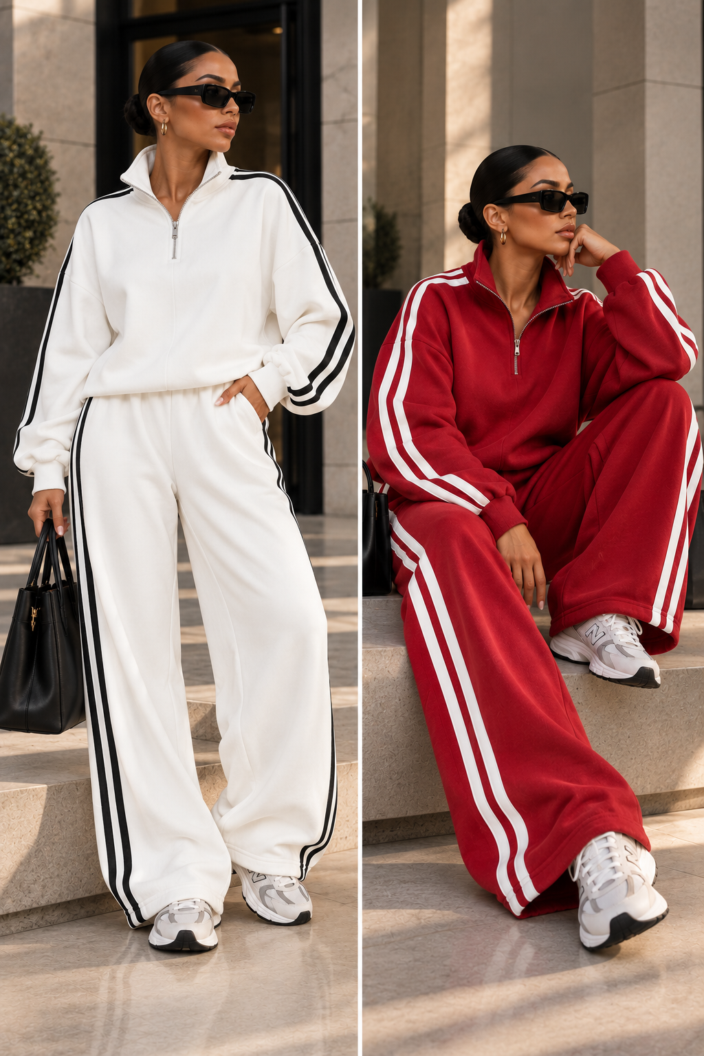 Velmora Street Set in White and Red, Maison Bragga streetwear lifestyle looks