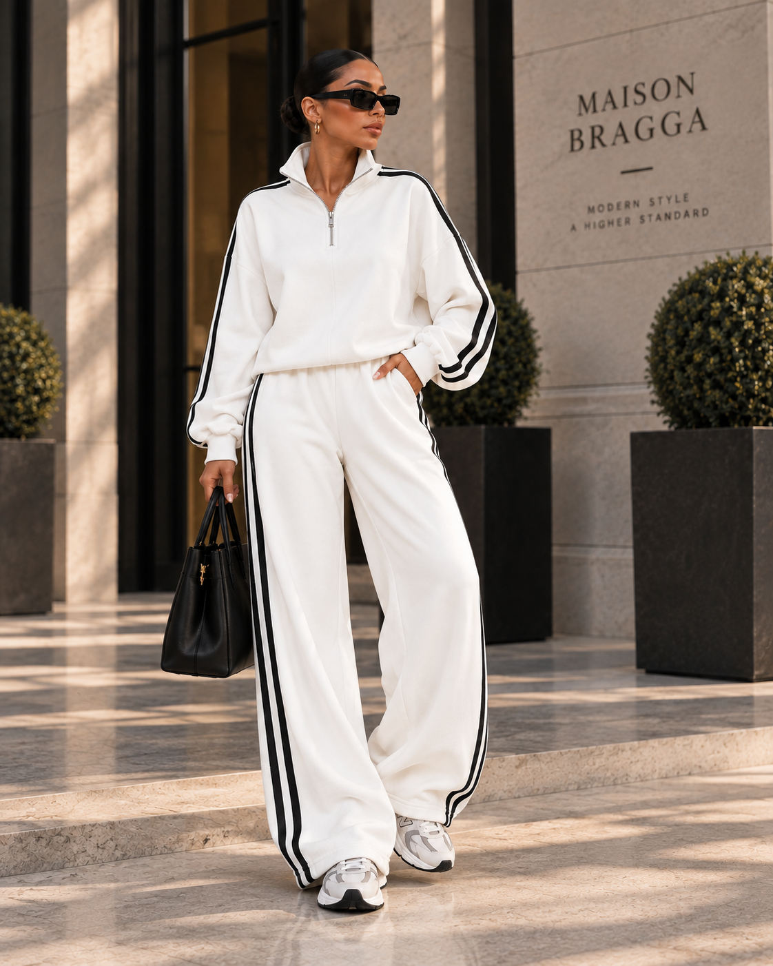 Maison Bragga Velmora Street Set in White with black contrast stripes, full-body luxury streetwear look