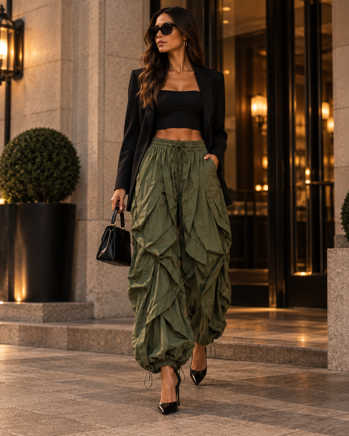 Maison Bragga Veyra parachute pants in Army Green styled with black blazer and heels