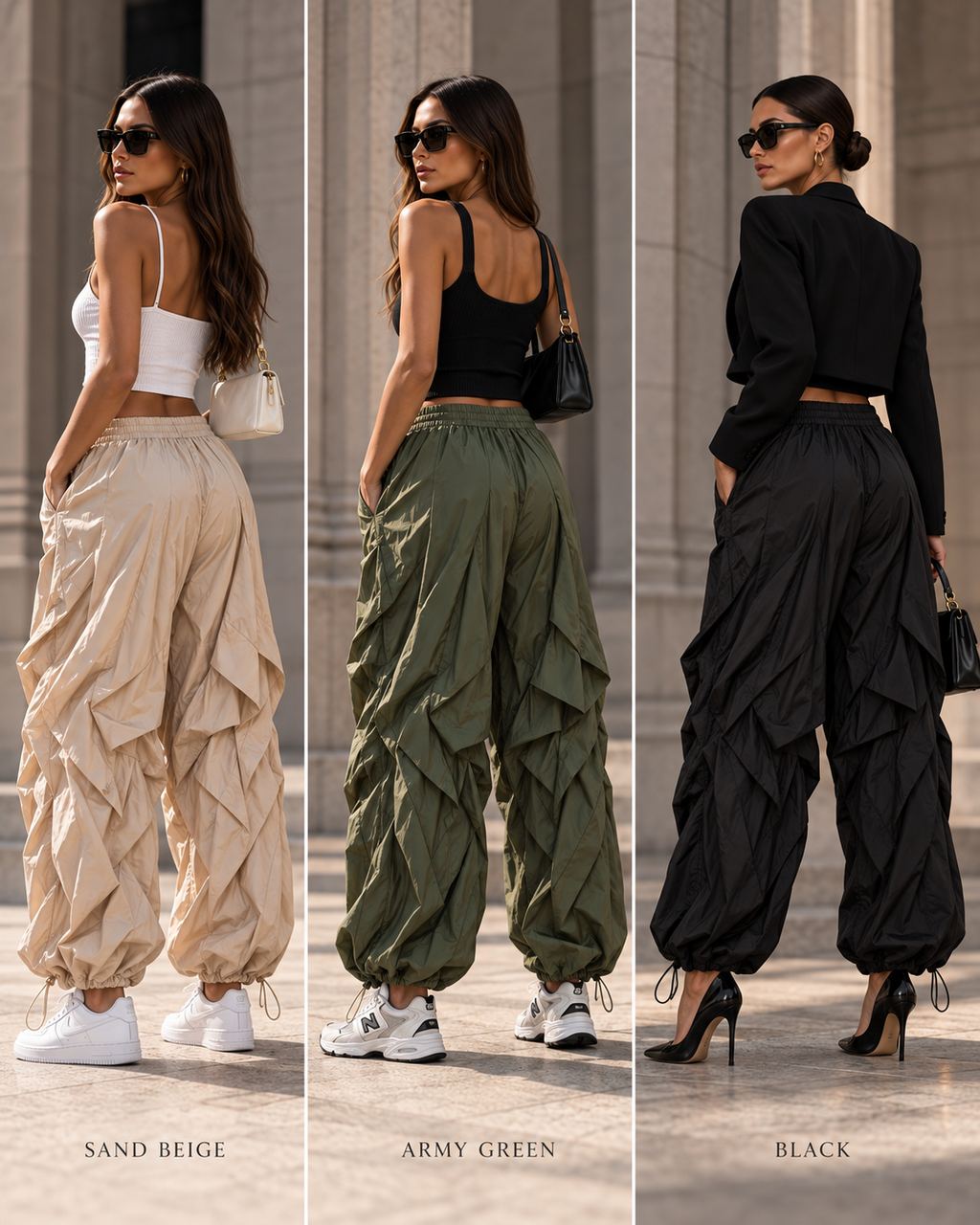 Veyra sculpt parachute pants back views in Sand Beige, Army Green and Black