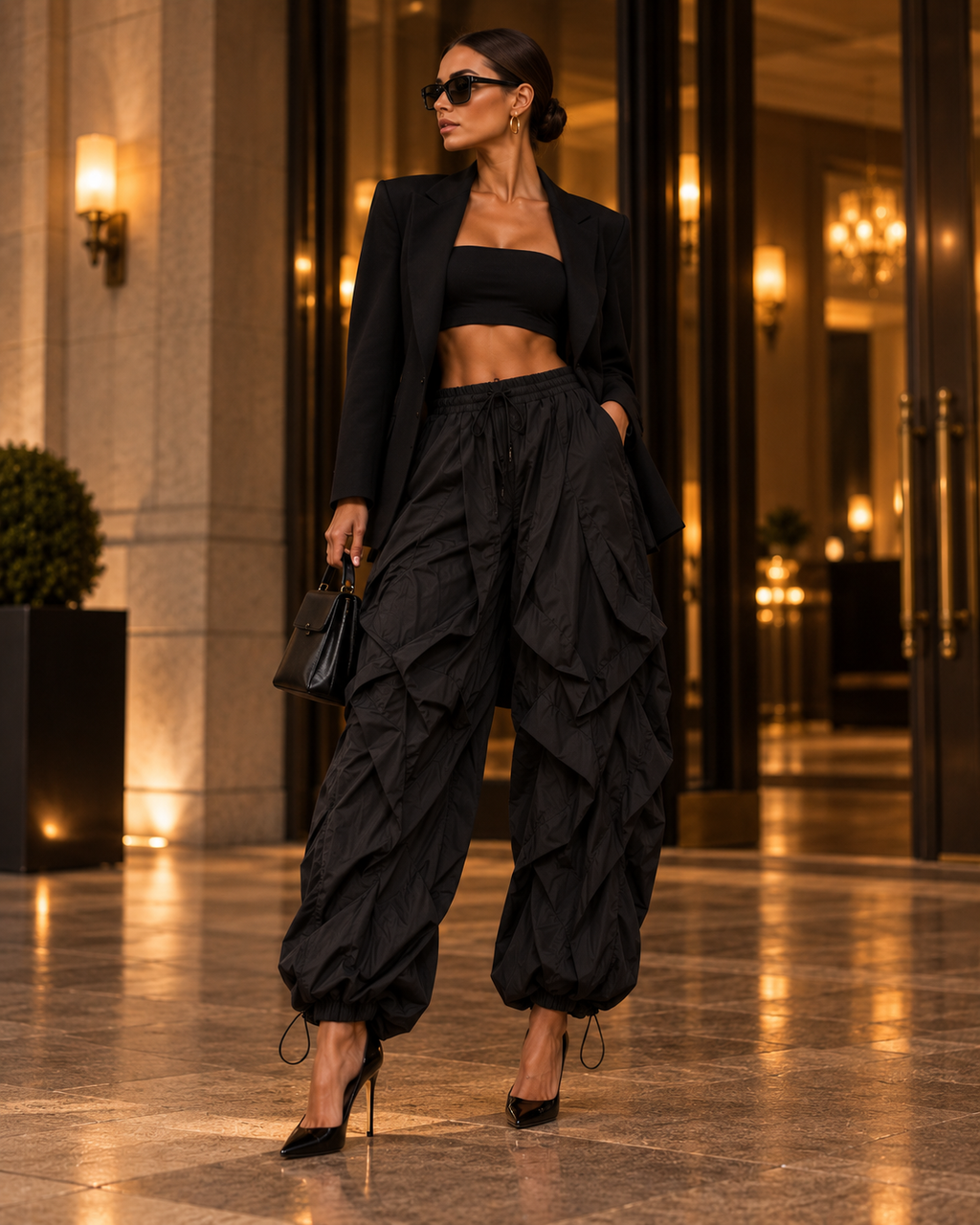 Maison Bragga Veyra sculpt parachute pants in Black styled for an evening look with blazer and heels