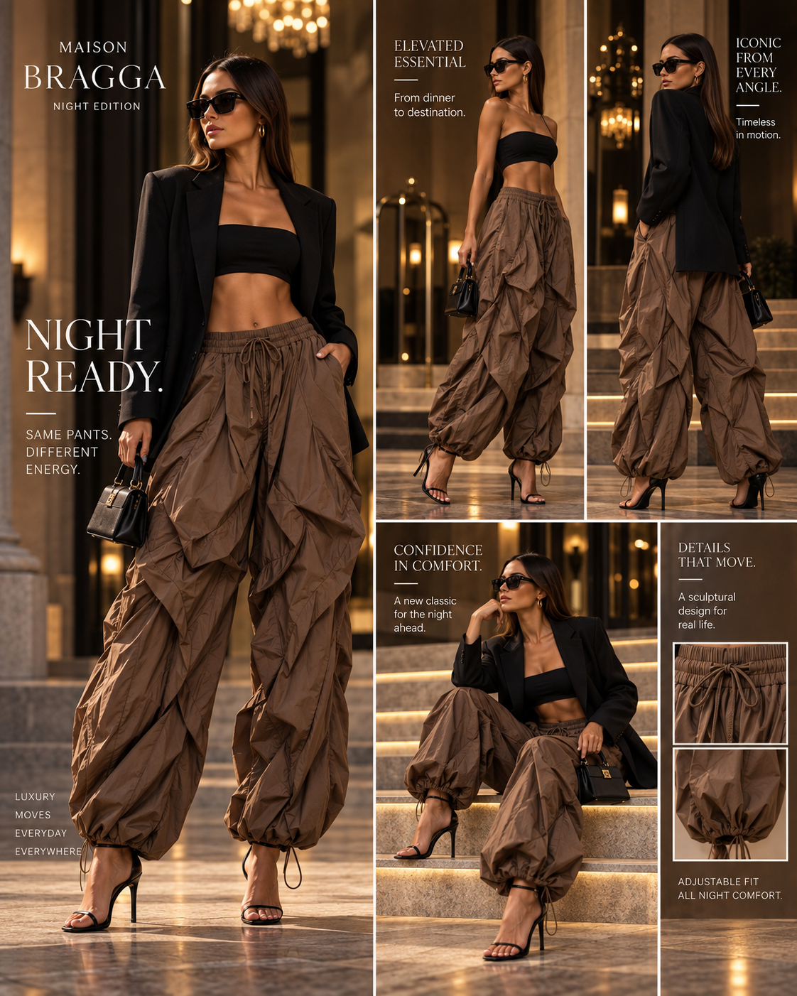 Maison Bragga Veyra sculpt parachute pants in Brown styled for an elevated evening look