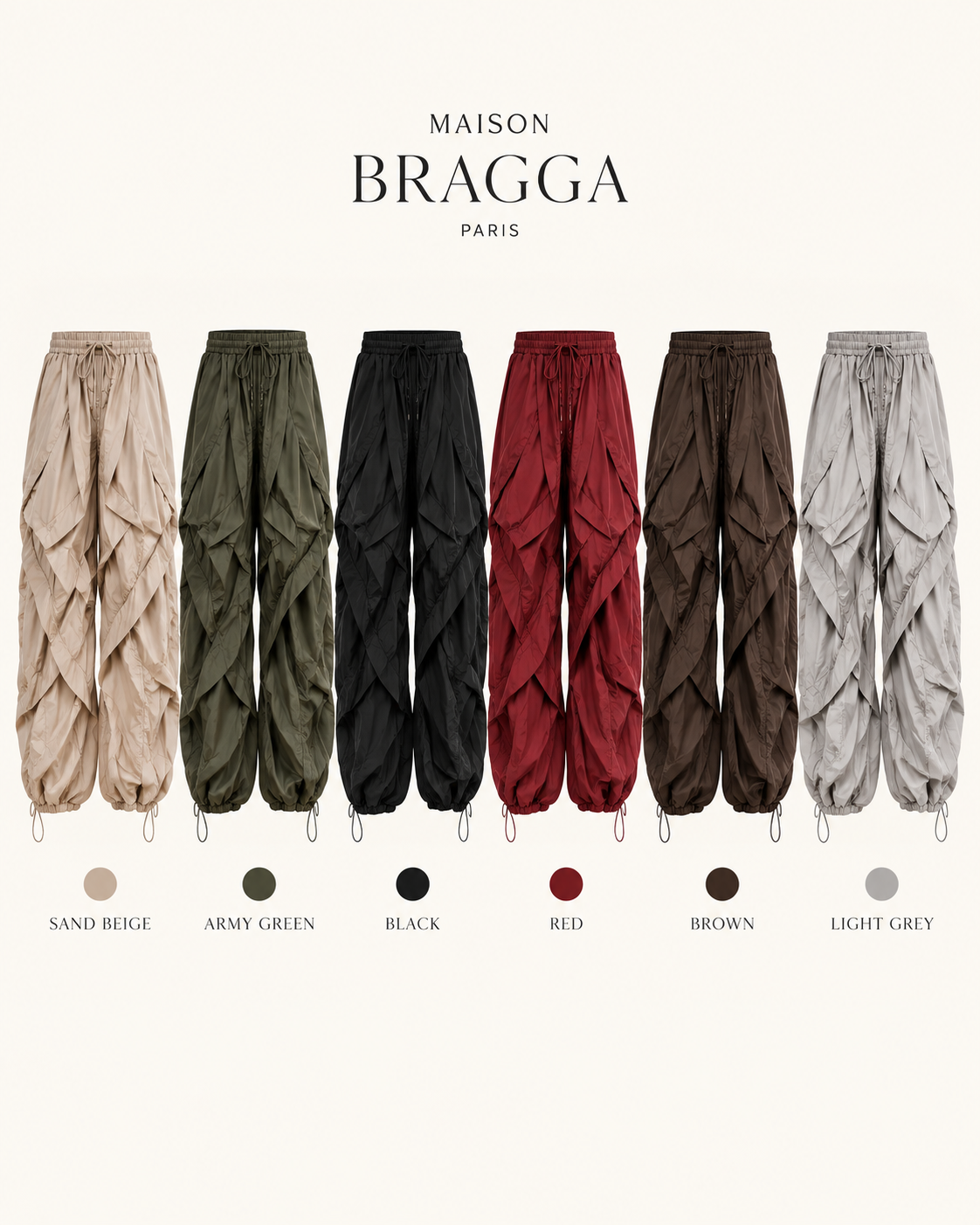Veyra sculpt parachute pants color lineup in Sand Beige, Army Green, Black, Red, Brown and Light Grey