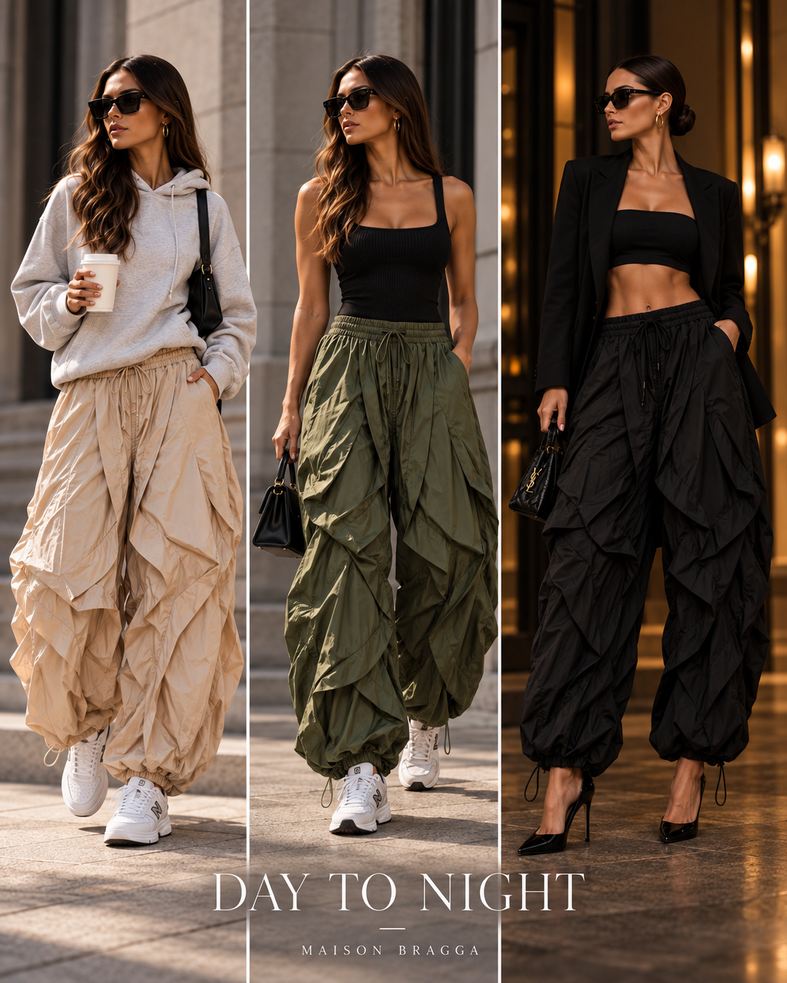 Maison Bragga Veyra parachute pants styled from day to night in Sand Beige, Army Green and Black