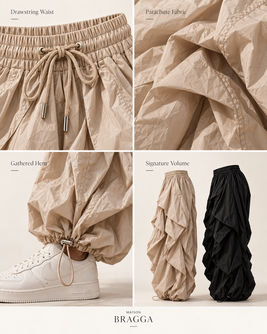 Veyra parachute pants details showing drawstring waist, lightweight fabric, gathered hem and sculptural volume