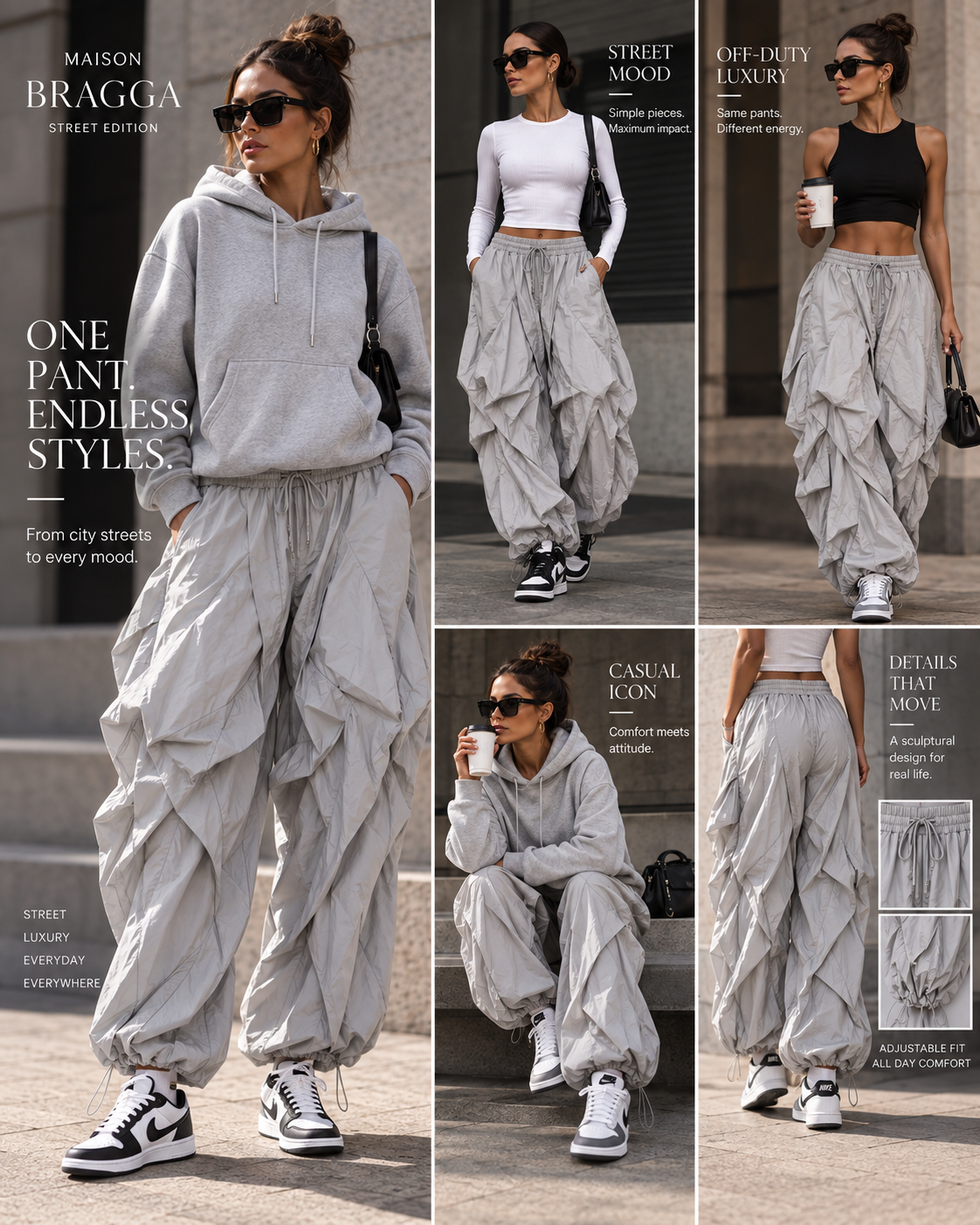 Maison Bragga Veyra sculpt parachute pants in Light Grey styled in relaxed streetwear looks