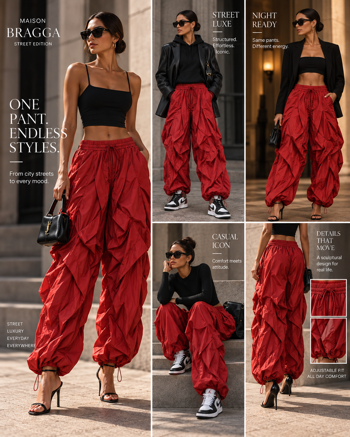 Maison Bragga Veyra sculpt parachute pants in Red styled from streetwear to evening