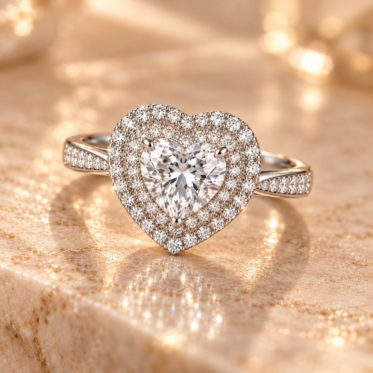 Macro front view of the Noctis Diamond Ring with heart-shaped lab-grown diamond and double halo