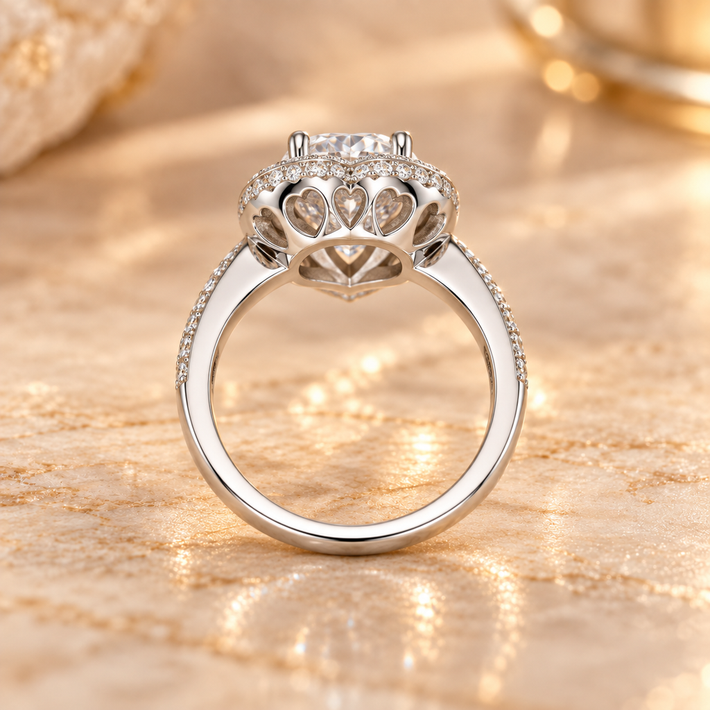 Rear profile of the Noctis Diamond Ring showing the elevated heart-shaped halo setting