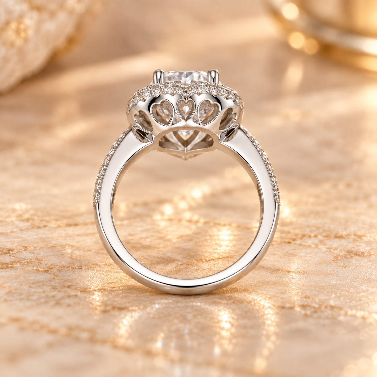 Rear profile of the Noctis Diamond Ring showing the elevated heart-shaped halo setting