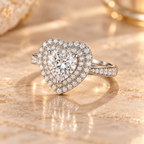 Three-quarter view of the Noctis Diamond Ring with heart-shaped center stone and pavé shoulders