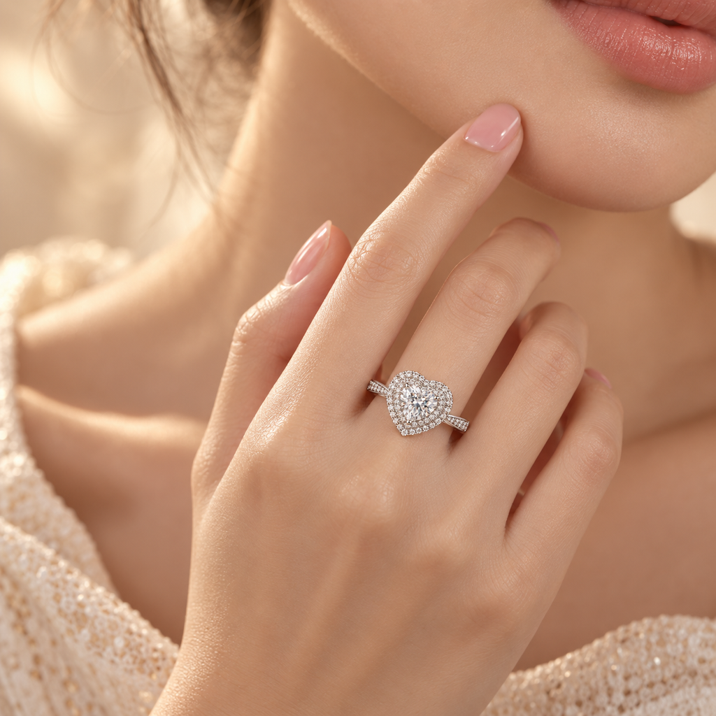Noctis Diamond Ring worn on hand with heart-shaped lab-grown diamond and pavé halo