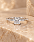 Front view of the Ophelia Ring with 1 carat princess-cut lab-grown diamond and zircon pavé shoulders