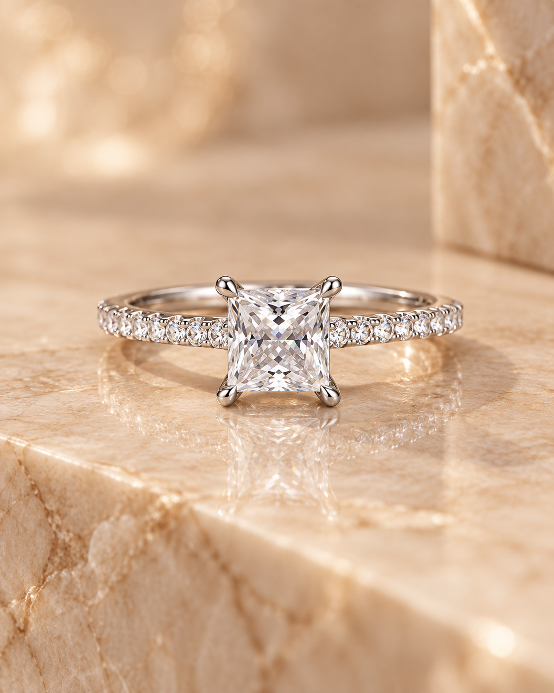 Front view of the Ophelia Ring with 1 carat princess-cut lab-grown diamond and zircon pavé shoulders