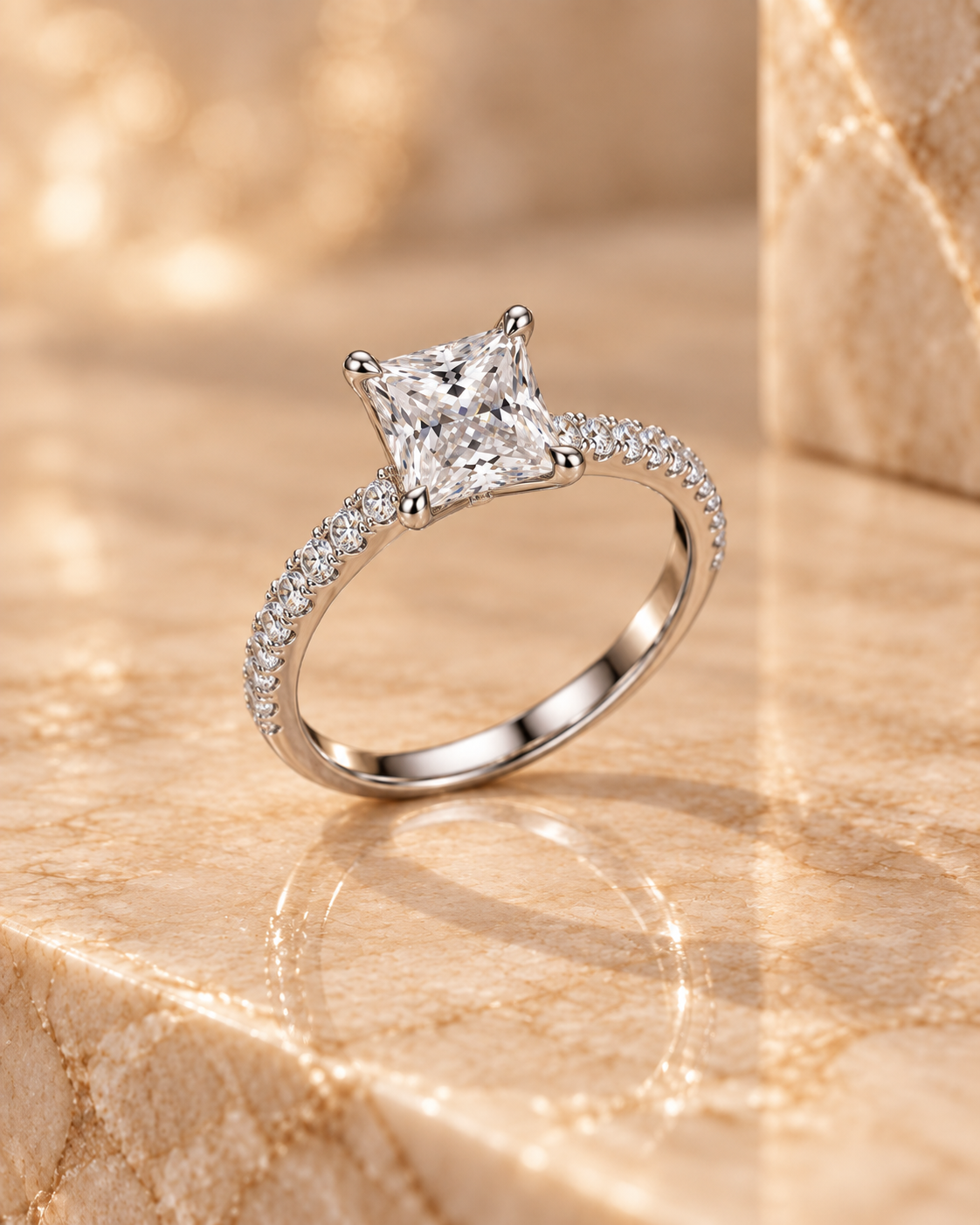 Three-quarter view of the Ophelia Ring with princess-cut lab-grown diamond and pavé shoulders