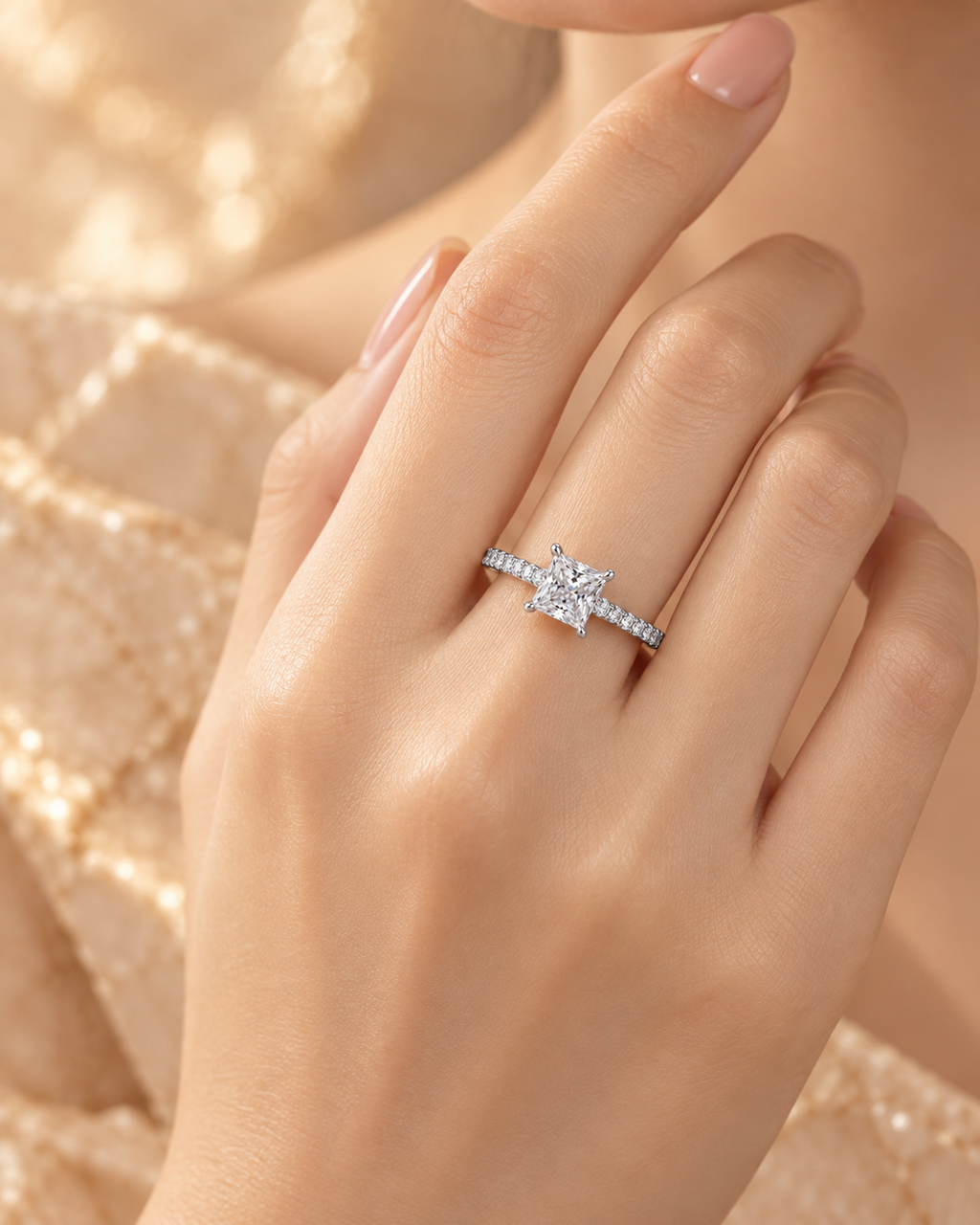 Ophelia Ring worn on hand with princess-cut lab-grown diamond and zircon pavé band