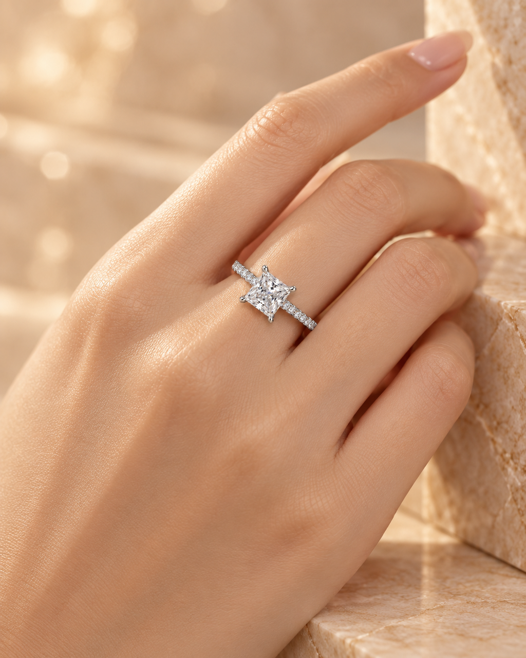 Lifestyle view of the Ophelia Ring worn on hand with princess-cut center diamond