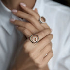 Avelis Geometric Ring detail showing zircon inlay and polished silver finish