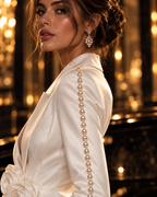 Perline Blazer sleeve detail with pearl-effect embellishment on ivory satin