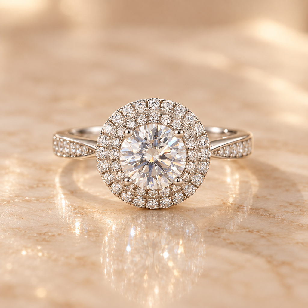 Royale Diamond Ring with 1 carat round brilliant lab-grown diamond and double zircon halo