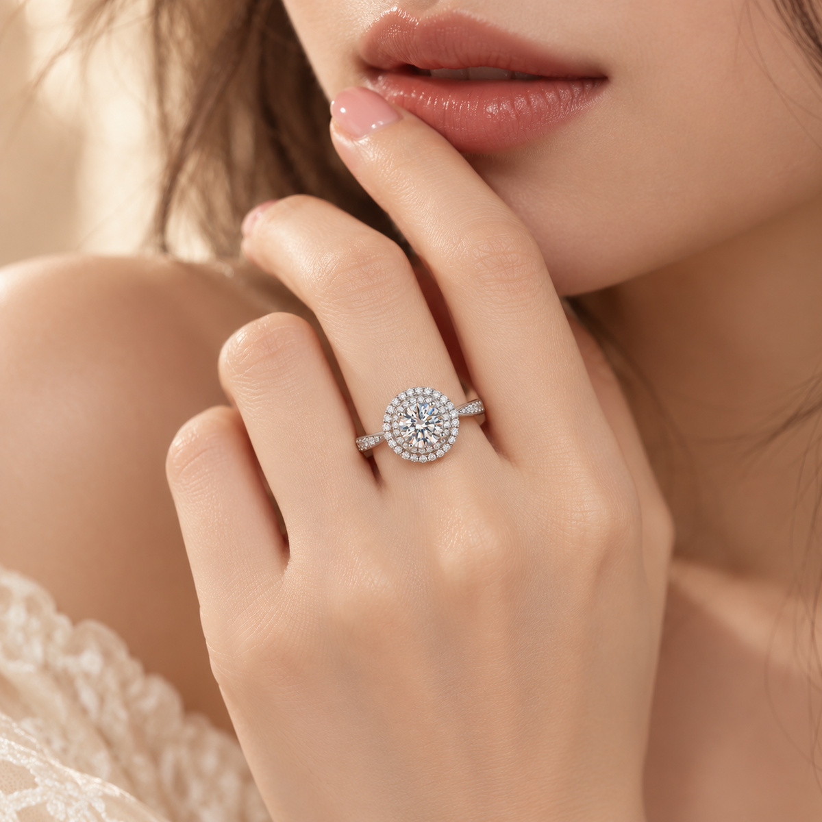 Lifestyle view of the Royale Diamond Ring worn near the face