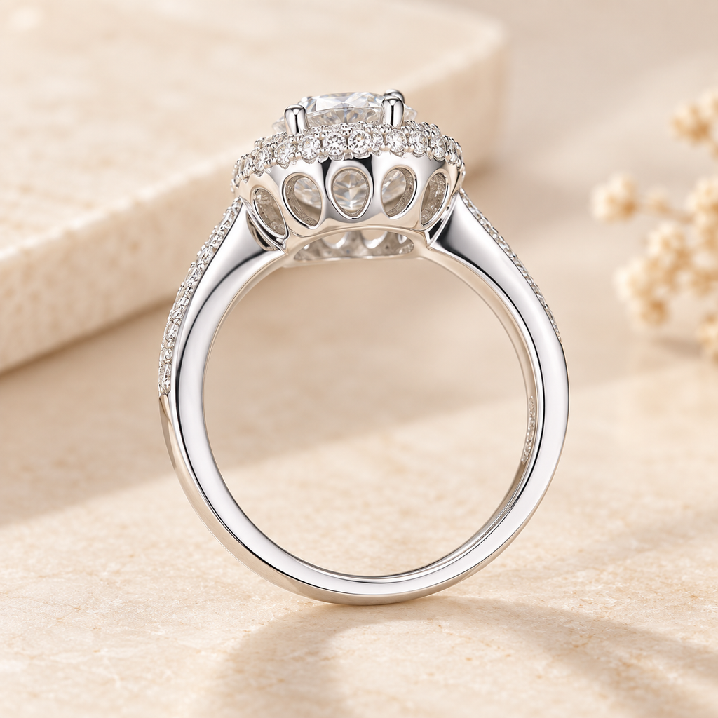 Rear gallery view of the Royale Diamond Ring showing oval ventilation openings beneath the halo