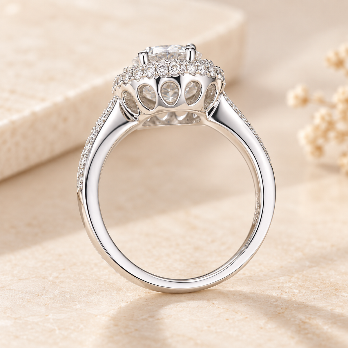 Rear gallery view of the Royale Diamond Ring showing oval ventilation openings beneath the halo
