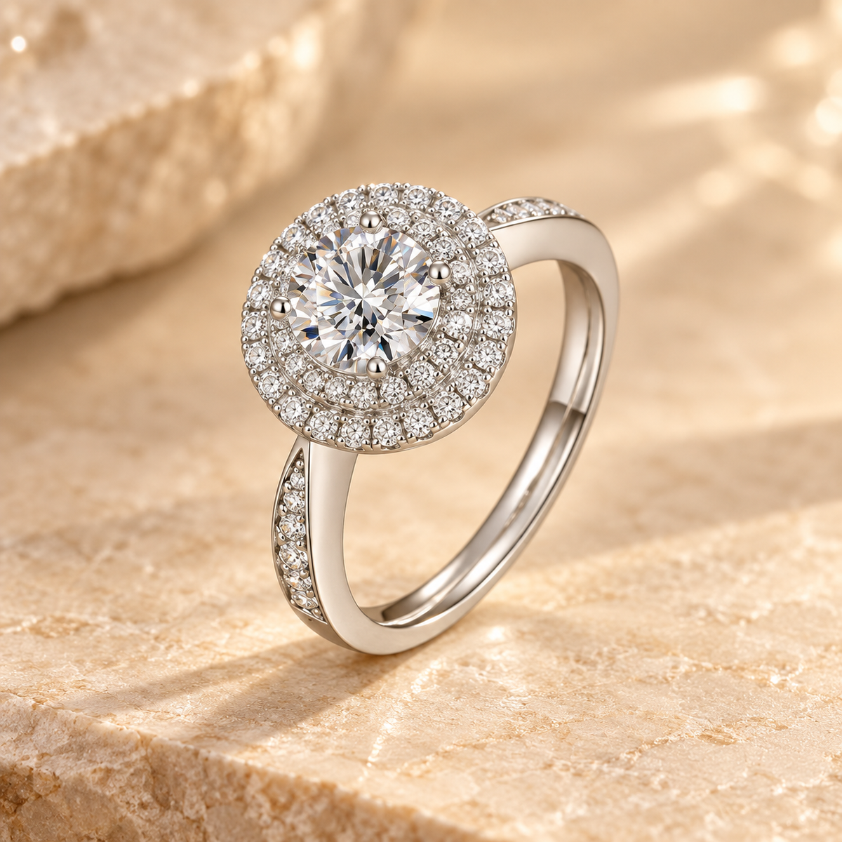 Three-quarter view of the Royale Diamond Ring with round center diamond and pavé shoulders