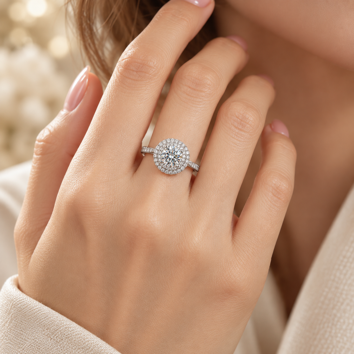 Royale Diamond Ring worn on hand with round brilliant lab-grown diamond and double halo