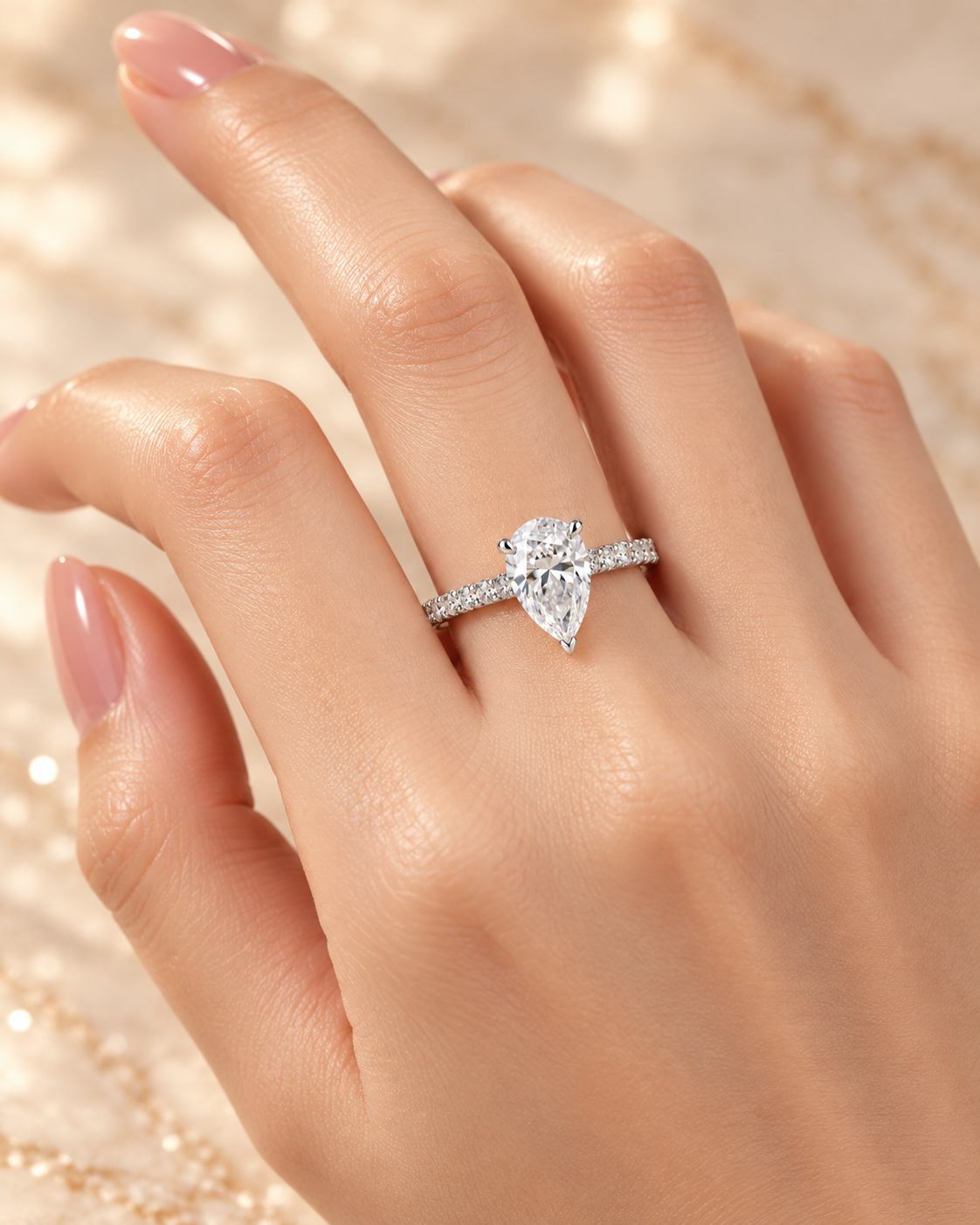 Seraphine Diamond Ring worn on hand with pear-cut lab-grown diamond and zircon pavé band