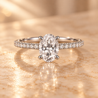 Front view of the Solaris Ring with 1 carat oval lab-grown diamond and zircon pavé band