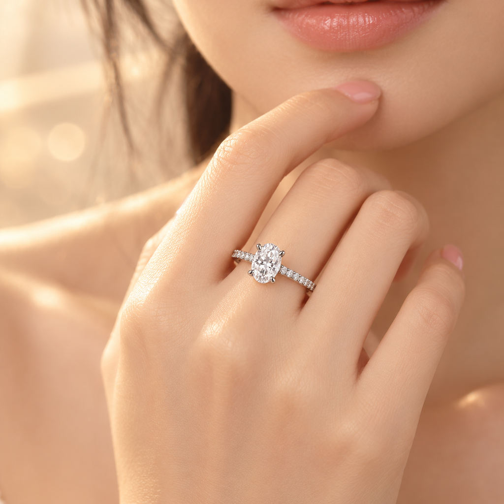 Lifestyle view of the Solaris Ring with oval lab-grown diamond and pavé-set sterling silver band