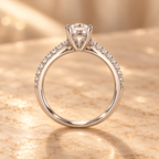 Side profile of the Solaris Ring showing the raised four-prong setting and zircon pavé band