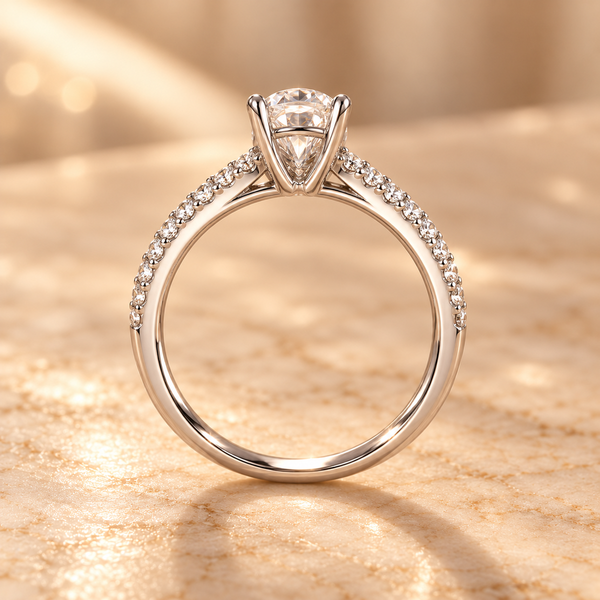 Side profile of the Solaris Ring showing the raised four-prong setting and zircon pavé band