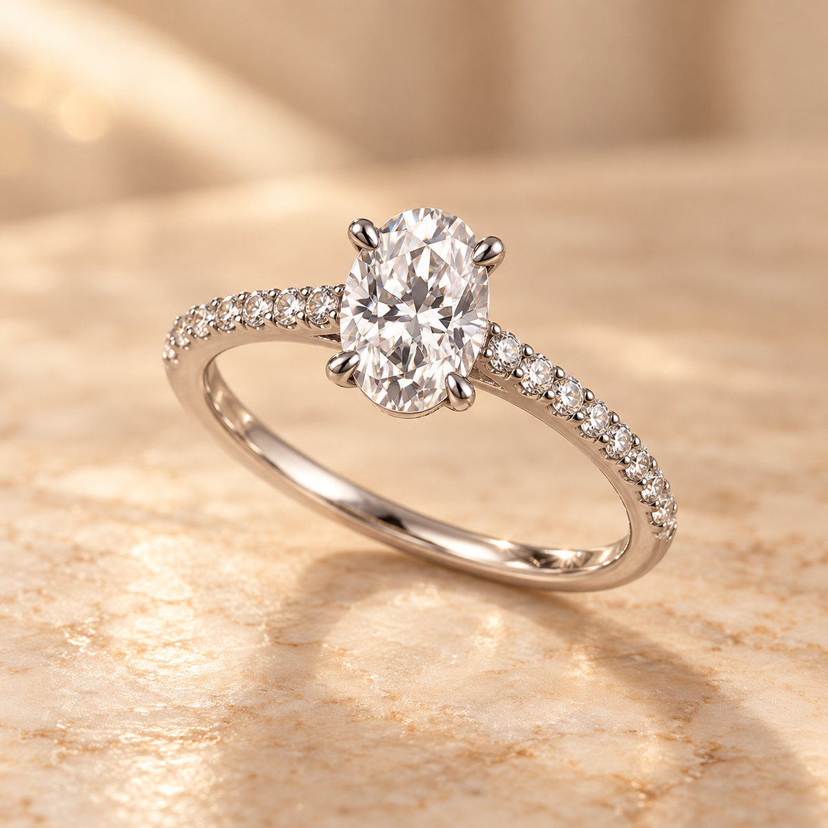 Three-quarter view of the Solaris Ring with oval lab-grown diamond and zircon pavé shoulders