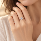 Solaris Ring worn on hand with oval lab-grown diamond and zircon pavé band