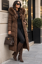 Elvara Long Puffer Coat in Brown, full-length Maison Bragga winter look