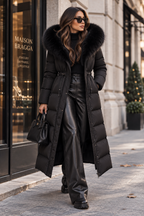 Elvara Long Puffer Coat in Black, luxury winter streetwear look