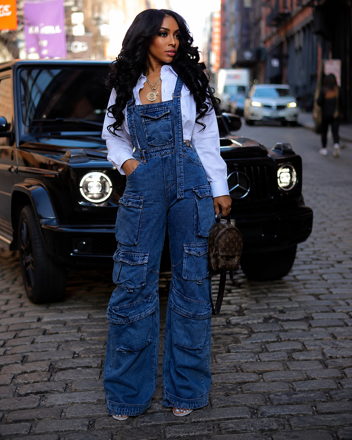 Maison Bragga Urban Cargo denim blue overalls styled in an elevated American streetwear setting