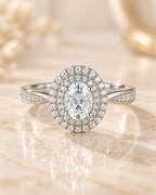 Front view of the Valencia Ring with 1 carat oval lab-grown diamond and double zircon halo