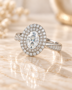 Three-quarter view of the Valencia Ring showing the oval center stone and double zircon halo