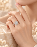 Lifestyle view of the Valencia Ring with oval lab-grown diamond and pavé shoulders