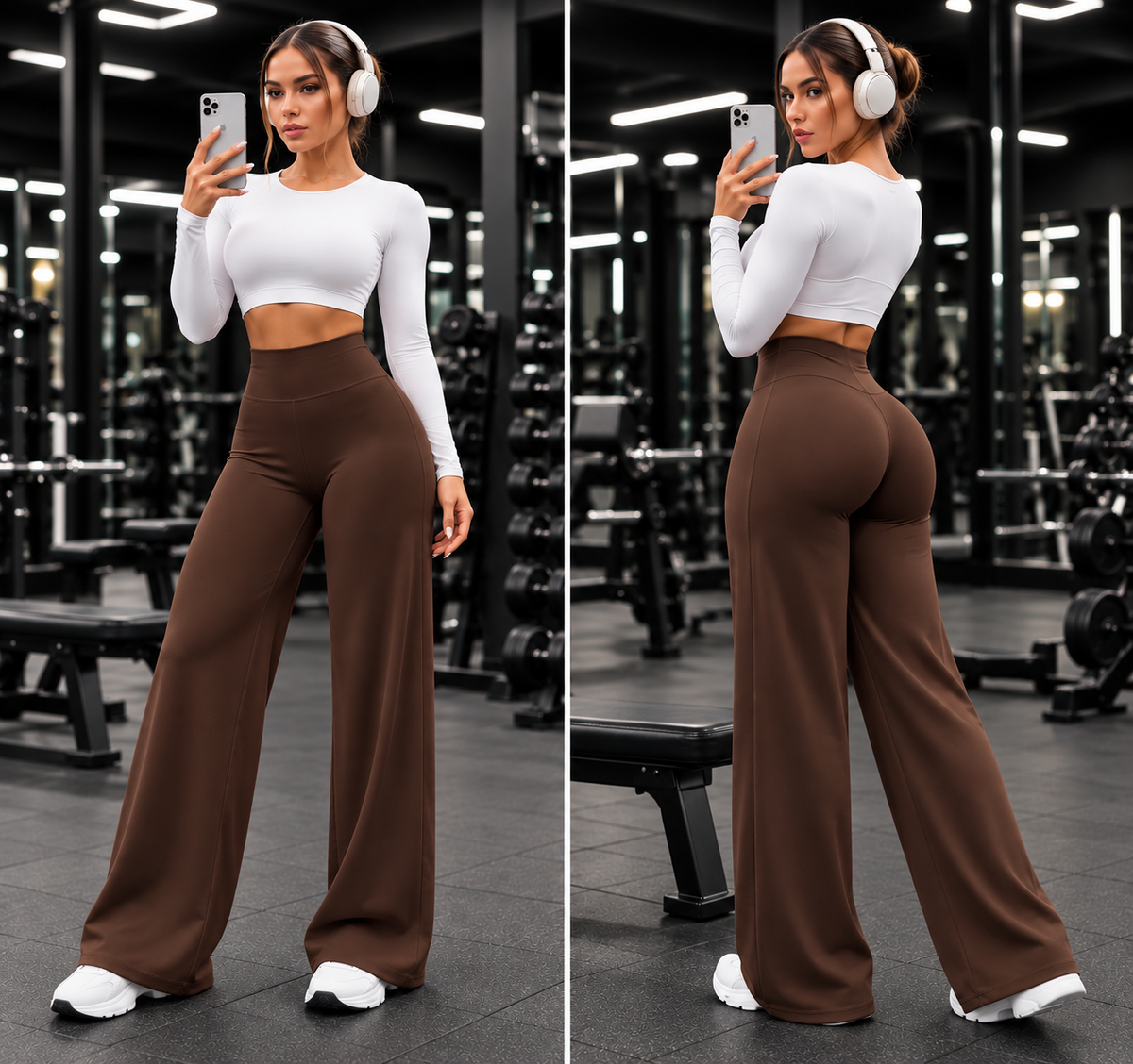 Varelya Flow Pants in Brown, front and back views