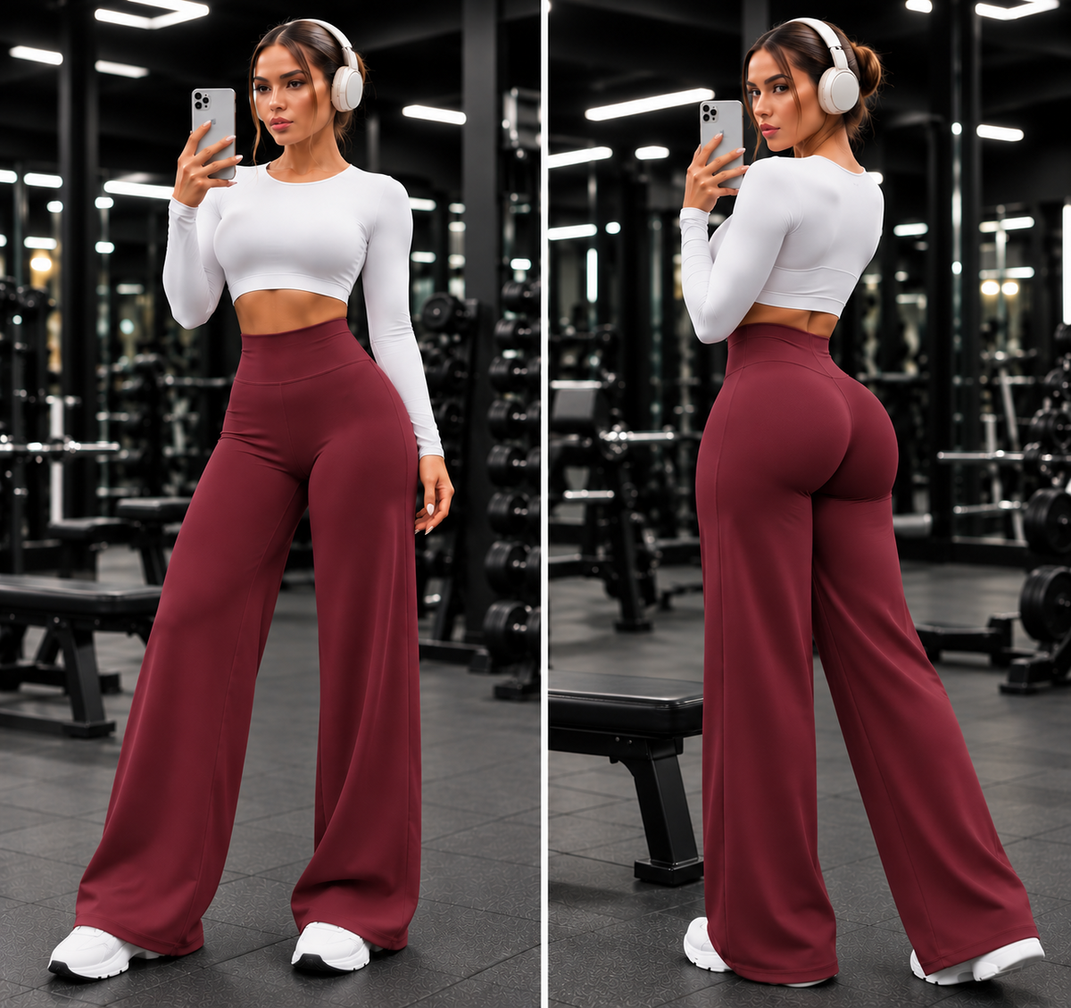 Varelya Flow Pants in Burgundy, front and back views