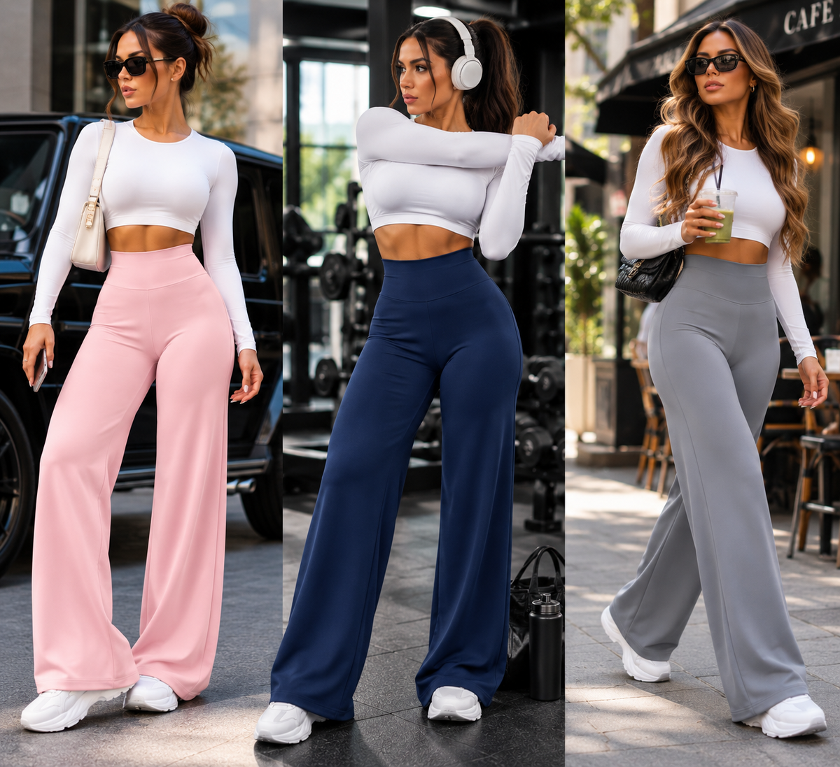 Varelya Flow Pants styled from street to studio in Pink, Navy and Gray