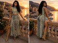 Maison Bragga Velmira matching top and skirt set styled in an elegant luxury evening setting
