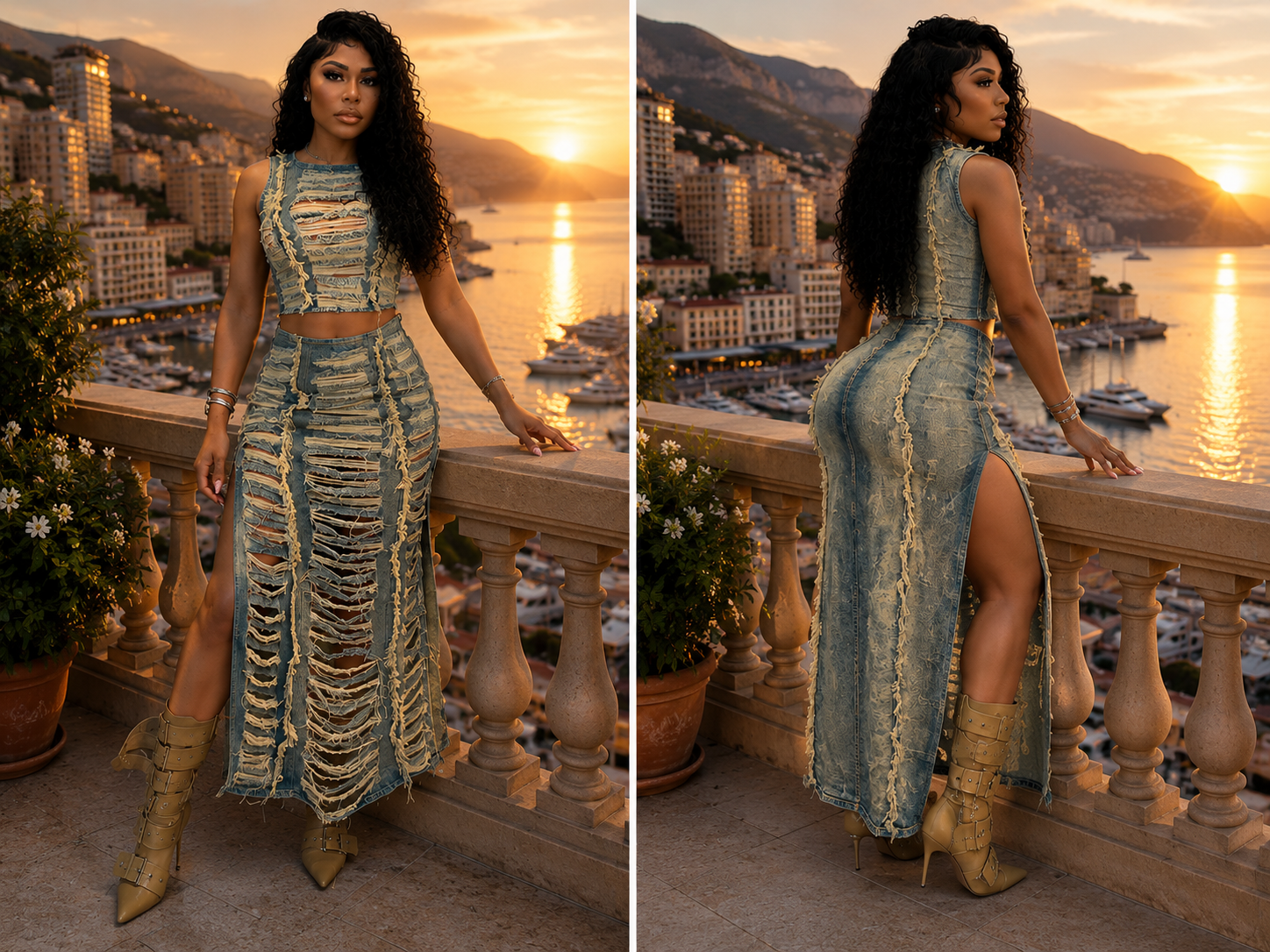 Maison Bragga Velmira matching top and skirt set styled in an elegant luxury evening setting