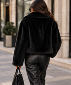 Velmora Jacket in Black, back view with leather trousers